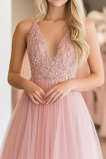 A Line Blonder Appliques Tyl Pink Dyb V-hals Prom Kjole